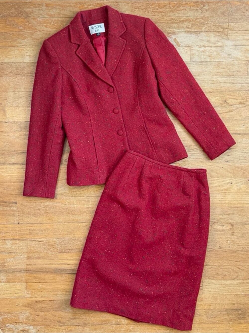 Vintage Red Speckled Tweed Wool Suit Set Size Small 6 Blazer & Skirt Work Outfit